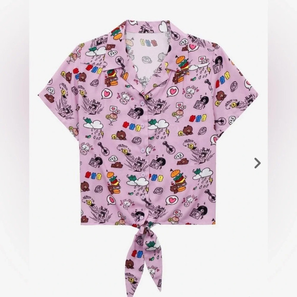 line friends Tops - Line FRIENDS BROWN & FRIENDS Allover Print Women's Tie-Front Woven Top